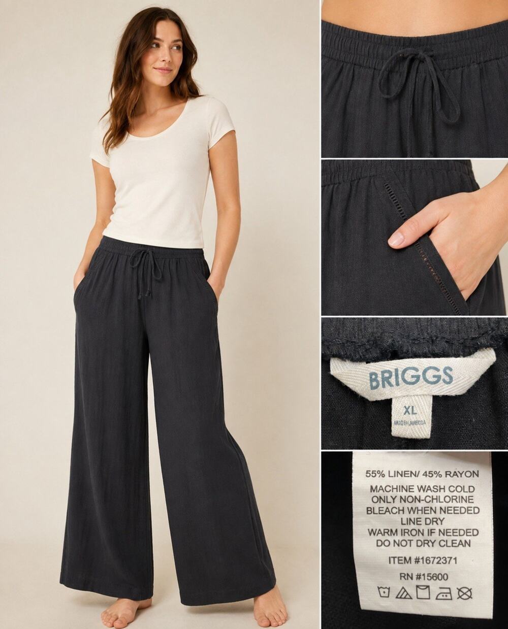 Coastal Briggs Women's Wide Leg Linen Pants Size XL Black